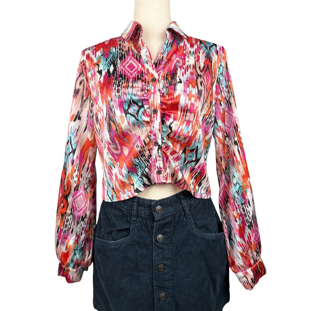 Ro & De Cropped Ikat Print Blouse Size Medium Colorful Boho Top